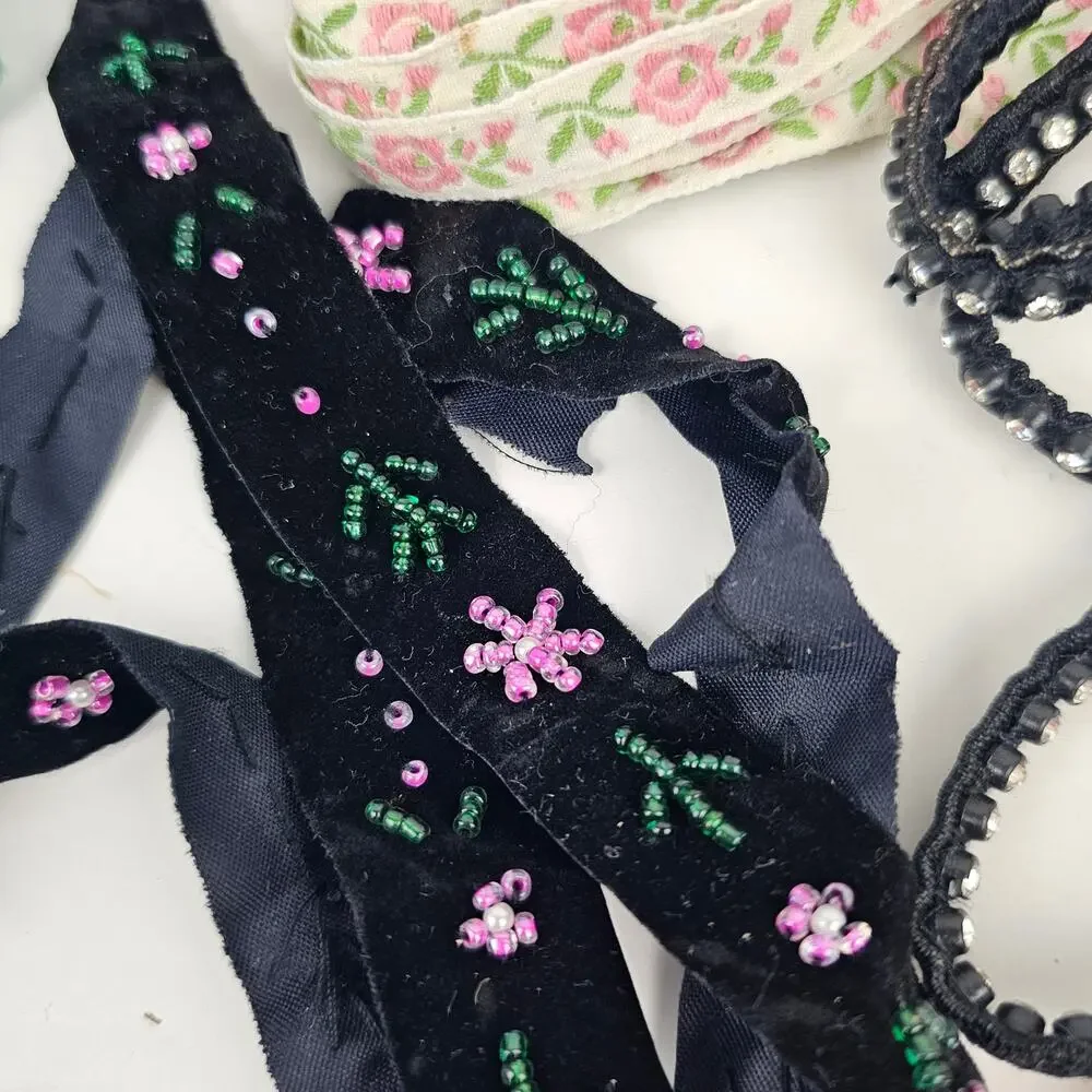 Lot vintage lace, beaded trim, rhinestone ribbon more